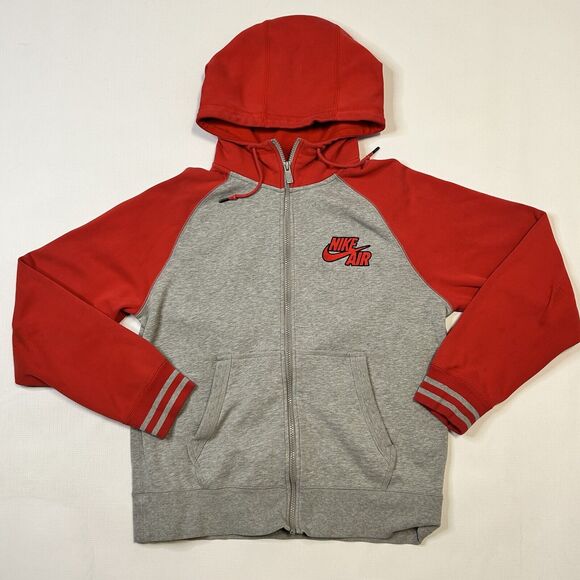 Nike Air Red And Grey Zip Up Hoodie Mens Size Medium Retro Embroidered Logo - Picture 1 of 11